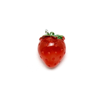 Resin Pendants, Imitation Fruit, with Platinum Tone Iron Loop, Strawberry, Red, 21x15.5x14mm, Hole: 2mm