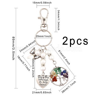 chgcraft 2pcs chakra arbre de vie pendentif en pierre naturelle/synthétique mixte porte-clés(KEYC-CA0001-39)-2