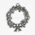 Christmas Wreath Alloy Pendants, Tibetan Style, Lead Free & Cadmium Free, Antique Silver, 26x21x2mm, Hole: 1.5mm(TIBEP-GC130-AS-RS)