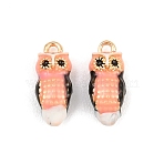 Brass Enamel Pendants, Owl Charms, Salmon, 14x6x5mm, Hole: 1.4mm(KK-CBA6818-04G-05)