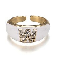 Brass Micro Pave Clear Cubic Zirconia Cuff Rings, Open Rings, with Enamel, Cadmium Free & Lead Free, Golden, Letter.W, US Size 7 1/4, Inner Diameter: 17.6mm(RJEW-H538-03G-W)