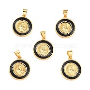 Brass Enamel Pendants, Cadmium Free & Lead Free, Long-Lasting Plated, Flat Round with Virgin Mary, Real 18K Gold Plated, Black, 18x16x2.5mm, Hole: 4.5x3.5mm(KK-P209-03G-01-RS)
