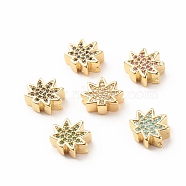 Rack Plating Brass Cubic Zirconia Beads, Cadmium Free & Lead Free, Real 18K Gold Plated, Maple Leaf, Mixed Color, 11x13.5x4.5mm, Hole: 2x1.6mm(KK-B051-05G)
