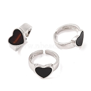 Heart Natural Black Onyx Open Cuff Rings, Platinum Plated Brass Ring for Women, Long-Lasting Plated, Lead Free & Cadmium Free, Adjustable(RJEW-Q817-01P)