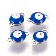 304 Stainless Steel Enamel Links connectors, Flat Round with Evil Eye, Stainless Steel Color, Marine Blue, 12x8x4mm, Hole: 1.4mm(STAS-F206-02P-B04)