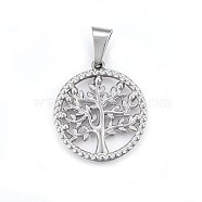 304 Stainless Steel Pendants, Flat Round with Tree, Stainless Steel Color, 31x28x2.5mm, Hole: 11x6mm(STAS-P209-14P)