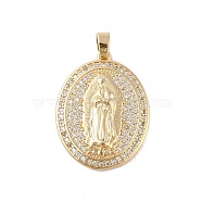 Brass Cubic Zirconia Pendants, Long-Lasting Plated, Oval with Holy Virgin Charms, Golden, Clear, 32x25x5mm, Hole: 6x3mm(KK-Z050-29G-01)