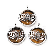Natural Tiger Eye Locket Pendants, Flat Round Charms, with Platinum Plated Brass Lotus Findings, 31.5x27x9mm, Hole: 4.6mm(G-G982-01P-14)