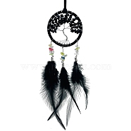 Iron & Glass Pendant Hanging Decoration, Woven Net/Web with Feather Car Hanging Decor, Flat Round with Tree of Life, Black, 460mm(PW-WG97658-03)