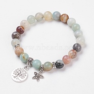 Natural Flower Amazonite Stretch Bracelets, with Alloy Pendants & Bead Spacers, Tree of Life and Flower, Burlap Packing, 2 inch(5cm)(BJEW-JB03772-02)
