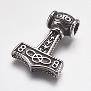 304 Stainless Steel Pendants, Thor's Hammer, Antique Silver, 33x48x15mm, Hole: 8mm(STAS-K171-22AS)