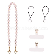 Natural Rose Quartz & 304 Stainless Steel Round Beaded Mobile Straps, with TPU Mobile Phone Lanyard Patch and Nylon Mobile Making Cord Loops, 39cm(HJEW-SW00043-02)