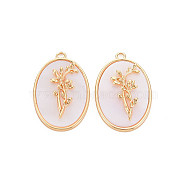 Brass Birth Floral Pendants, Oval with Flower Mother of Pearl White Shell Charms, Nickel Free, Real 18K Gold Plated, December Holly, 27x18x4mm, Hole: 1.8mm(X-KK-S364-294)