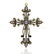 Latin Cross Antique Golden Plated Alloy Rhinestone Big Pendants, Violet, 94x72x3mm, Hole: 3mm(RB-J144-26AG)