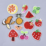 Computerized Embroidery Cloth Iron On/Sew On Patches, Appliques, Orange & Tomato & Jujube & Pineapple & Banana & Apple & Cherry & Watermelon & Strawberry & Mushroom, Mixed Color, 16~49x28.5~47x1.5mm, 120pcs/bag(AJEW-S076-036)