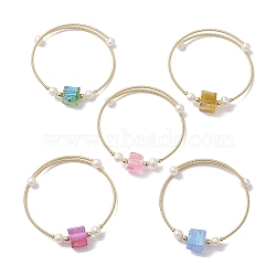 Electroplated Natural Quartz Beaded Cuff Bangle, Golden Plated Brass Wire Wrapped Pearl Open Bangle for Women, Mixed Color, Inner Diameter: 2-1/4 inch(5.6cm)(BJEW-JB10195)