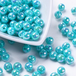 Eco-Friendly Poly Styrene Acrylic Beads, AB Color Plated, Round, Cyan, 8mm, Hole: 1mm, about 2000pcs/500g(PL425-5)