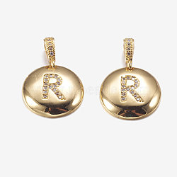Brass Pendants, with Cubic Zirconia, Cadmium Free & Lead Free, Flat Round with Letter, Golden, Letter.R, 22mm, Hole: 2x3mm, Pendant: 15x3mm(KK-K194-R-G-RS)