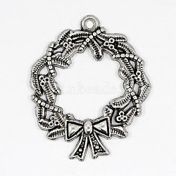 Christmas Wreath Alloy Pendants, Tibetan Style, Lead Free & Cadmium Free, Antique Silver, 26x21x2mm, Hole: 1.5mm(TIBEP-GC130-AS-RS)