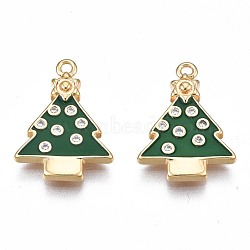 Brass Enamel Pendants, with Pave Clear Cubic Zirconia, Nickel Free, Real 18K Gold Plated, Tree, Green, 17x12.5x2mm, Hole: 1.2mm(KK-N232-219)