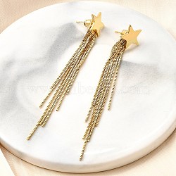 Rack Plating Brass Star Ear Studs, Long-Lasting Plated Tassel Earring for Women, Cadmium Free & Lead Free, Real 18K Gold Plated, 80mm, Pin: 1mm(EJEW-P226-15G)