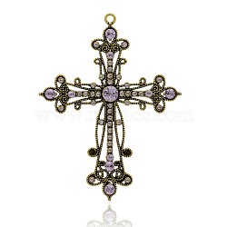 Latin Cross Antique Golden Plated Alloy Rhinestone Big Pendants, Violet, 94x72x3mm, Hole: 3mm(RB-J144-26AG)