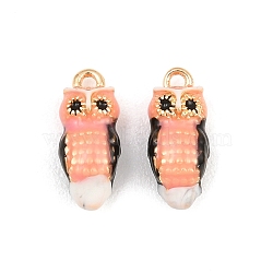 Brass Enamel Pendants, Owl Charms, Salmon, 14x6x5mm, Hole: 1.4mm(KK-CBA6818-04G-05)