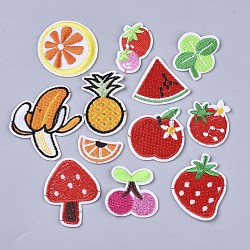 Computerized Embroidery Cloth Iron On/Sew On Patches, Appliques, Orange & Tomato & Jujube & Pineapple & Banana & Apple & Cherry & Watermelon & Strawberry & Mushroom, Mixed Color, 16~49x28.5~47x1.5mm, 120pcs/bag(AJEW-S076-036)