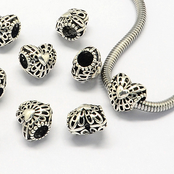Alloy European Beads, Large Hole Beads, Heart, Antique Silver, 11x11x9mm, Hole: 4.5mm