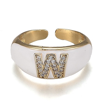 Brass Micro Pave Clear Cubic Zirconia Cuff Rings, Open Rings, with Enamel, Cadmium Free & Lead Free, Golden, Letter.W, US Size 7 1/4, Inner Diameter: 17.6mm
