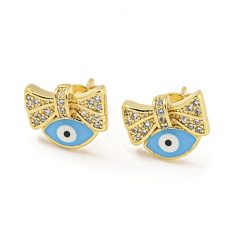 Bowknot with Evil Eye Real 18K Gold Plated Brass Stud Earrings, with Enamel and Clear Cubic Zirconia, Deep Sky Blue, 9x11.5mm