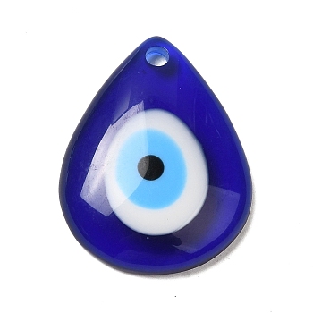 Evil Eye Resin Pendants, Translucent Blue Lucky Eye Charms, Teardrop, 43.5x33.5x8mm, Hole: 4mm