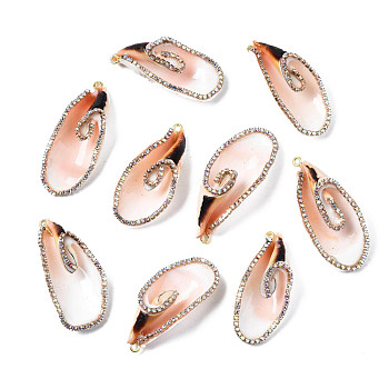 Natural Sea Shell Pendants, with Crystal Rhinestone Cup Chain and Iron Loops, Golden, Seashell Color, 43~50x19~22x12~13mm, Hole: 1.8mm