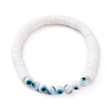 Polymer Clay Heishi Beads Stretch Bracelets, with Evil Eye Lampwork Round Beads, White, Inner Diameter: 2-1/8 inch(5.3cm)