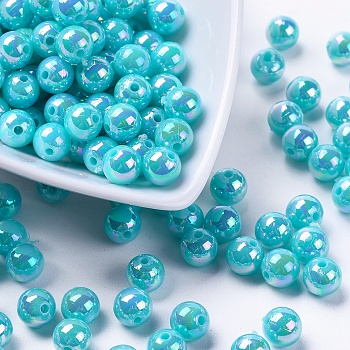 Eco-Friendly Poly Styrene Acrylic Beads, AB Color Plated, Round, Cyan, 8mm, Hole: 1mm, about 2000pcs/500g