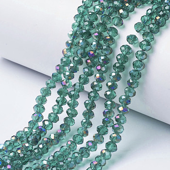 Electroplate Transparent Glass Beads Strands, Half Rainbow Plated, Faceted, Rondelle, Dark Cyan, 4x3mm, Hole: 0.4mm, about 130pcs/strand, 16.54 inch(42cm)