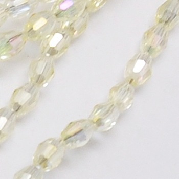 Electroplate Glass Beads Strands, Full Rainbow Plated, Faceted, Oval, Light Yellow, 6x4mm, Hole: 1mm, about 72pcs/strand, 16 inch