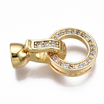 Brass Micro Pave Clear Cubic Zirconia Fold Over Clasps, Nickel Free, Oval, Real 18K Gold Plated, 21mm long, Ring: 12mm In Diameter, 3mm Thick, Inner Diameter: 7.5mm, Clasps: 13x7x6mm, Hole: 4mm