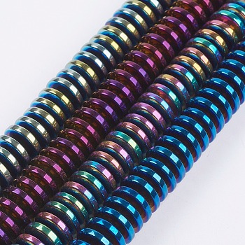 Electroplate Non-Magnetic Synthetic Hematite Beads Strands, Heishi Beads, Disc/Flat Round, Mixed Color, 12x4mm, Hole: 1.2mm, about 98~100pcs/strand, 15.1~15.7 inch(38.5~40cm)