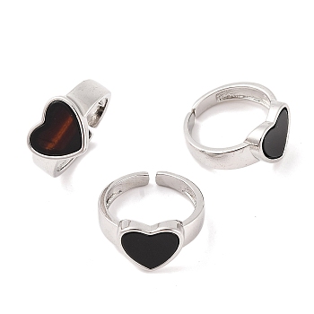 Heart Natural Black Onyx Open Cuff Rings, Platinum Plated Brass Ring for Women, Long-Lasting Plated, Lead Free & Cadmium Free, Adjustable