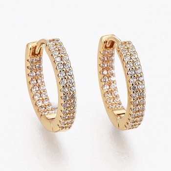Brass Micro Pave Clear Cubic Zirconia Huggie Hoop Earrings, Long-Lasting Plated, Ring, Real 18K Gold Plated, 16x3mm, Pin: 1mm