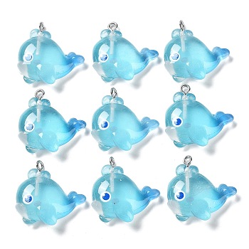 Ocean Theme Transparent Resin Cartoon Pendants, Sea Animal Charms with Platinum Tone Iron Loops, Whale, 26x25x7mm, Hole: 2mm
