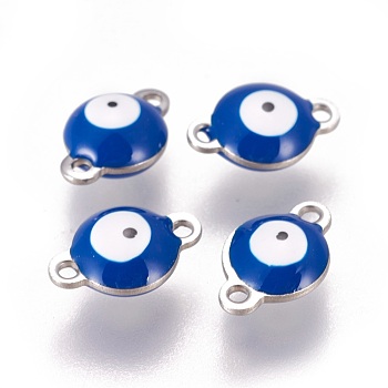 304 Stainless Steel Enamel Links connectors, Flat Round with Evil Eye, Stainless Steel Color, Marine Blue, 12x8x4mm, Hole: 1.4mm