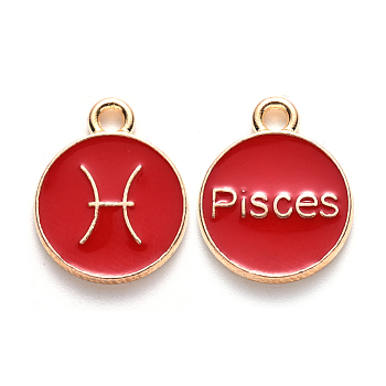 Alloy Enamel Pendants, Cadmium Free & Lead Free, Flat Round with Constellation, Light Gold, Red, Pisces, 15x12x2mm, Hole: 1.5mm
