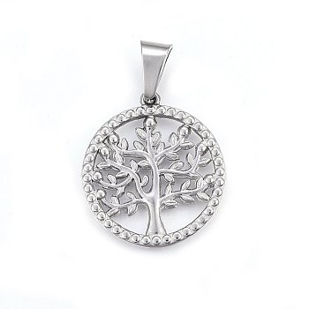 304 Stainless Steel Pendants, Flat Round with Tree, Stainless Steel Color, 31x28x2.5mm, Hole: 11x6mm