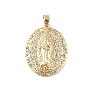 Brass Cubic Zirconia Pendants, Long-Lasting Plated, Oval with Holy Virgin Charms, Golden, Clear, 32x25x5mm, Hole: 6x3mm