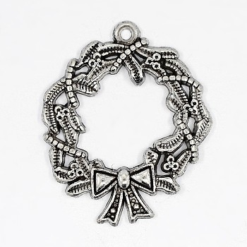 Christmas Wreath Alloy Pendants, Tibetan Style, Lead Free & Cadmium Free, Antique Silver, 26x21x2mm, Hole: 1.5mm