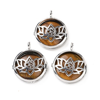 Natural Tiger Eye Locket Pendants, Flat Round Charms, with Platinum Plated Brass Lotus Findings, 31.5x27x9mm, Hole: 4.6mm