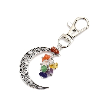 Antique Silver Palted Alloy Hollow Moon Pendant Decorations, Natural & Synthetic Gemstone Chip and Swivel Clasp Charm for Bag Ornaments, 80x30mm