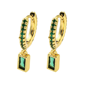 Brass Micro Pave Cubic Zirconia Hoop Earring, Real 18K Gold Plated, Rctangle, Green, 23x4mm